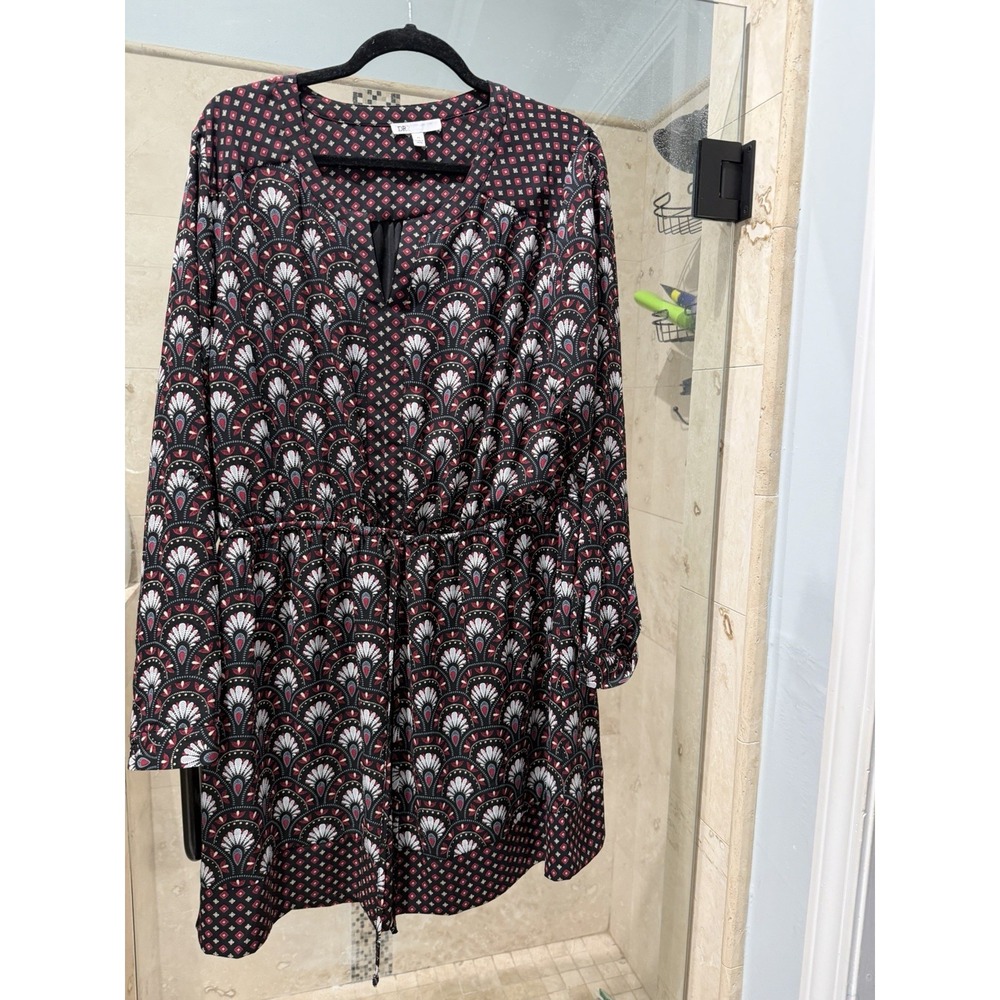 DR2 Mixed Print Drawstring Waist Roll Tab Sleeve Dress Black Red White XL